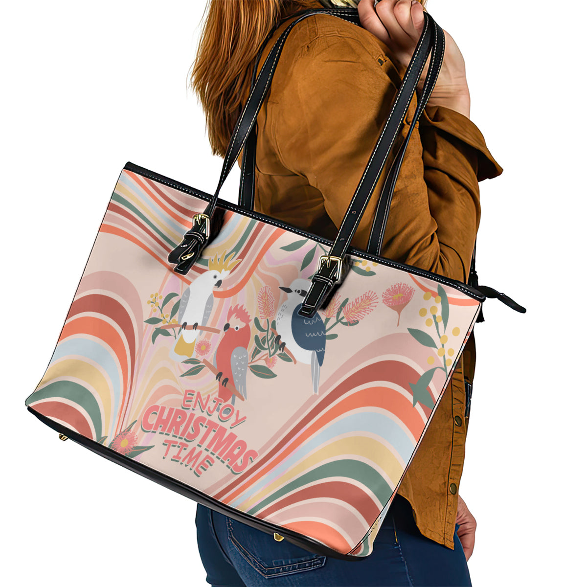 australia-hippie-christmas-leather-tote-bag-cockatoo-kookaburra-with-wattle-pink-peach-style