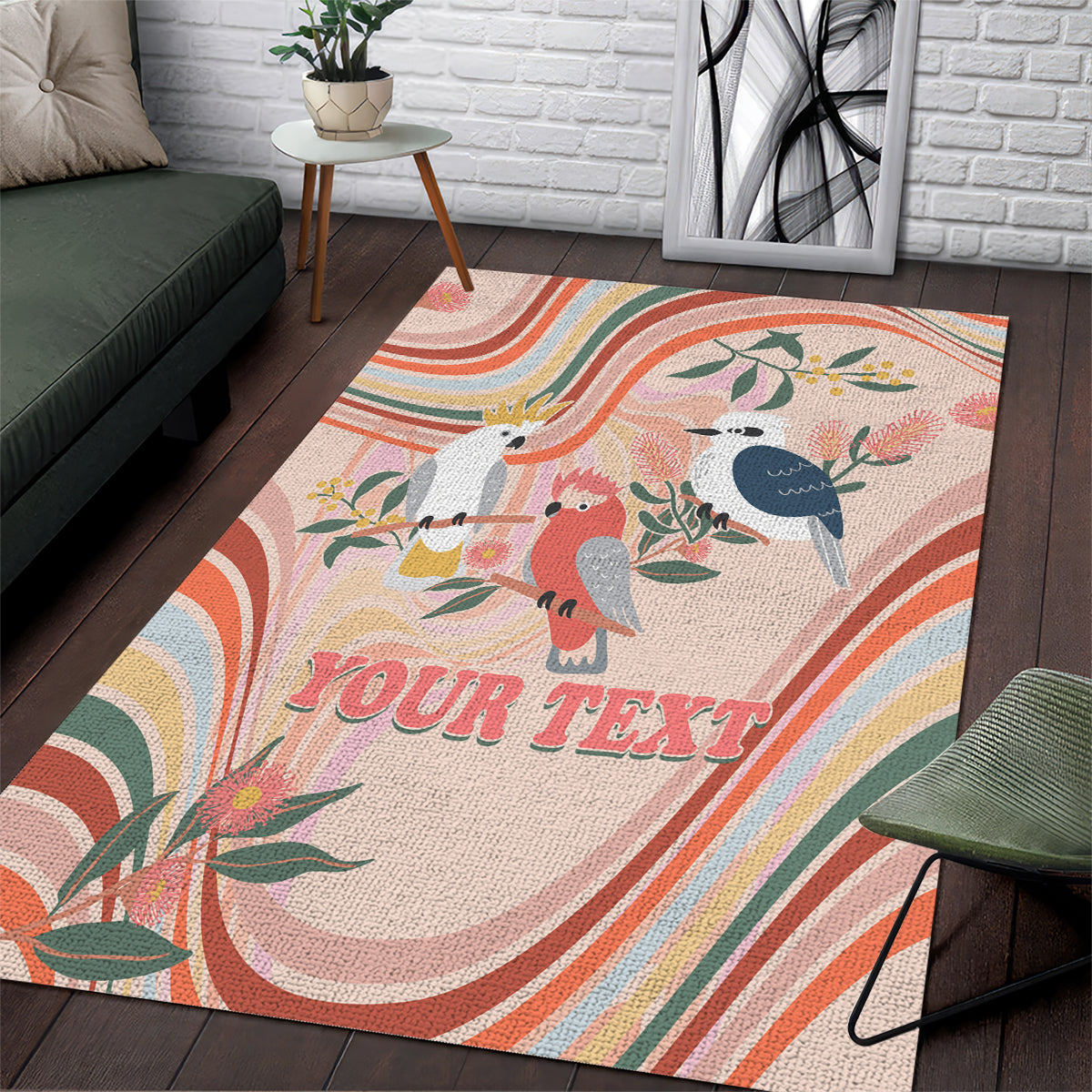 personalised-australia-hippie-christmas-area-rug-cockatoo-kookaburra-with-wattle-pink-peach-style