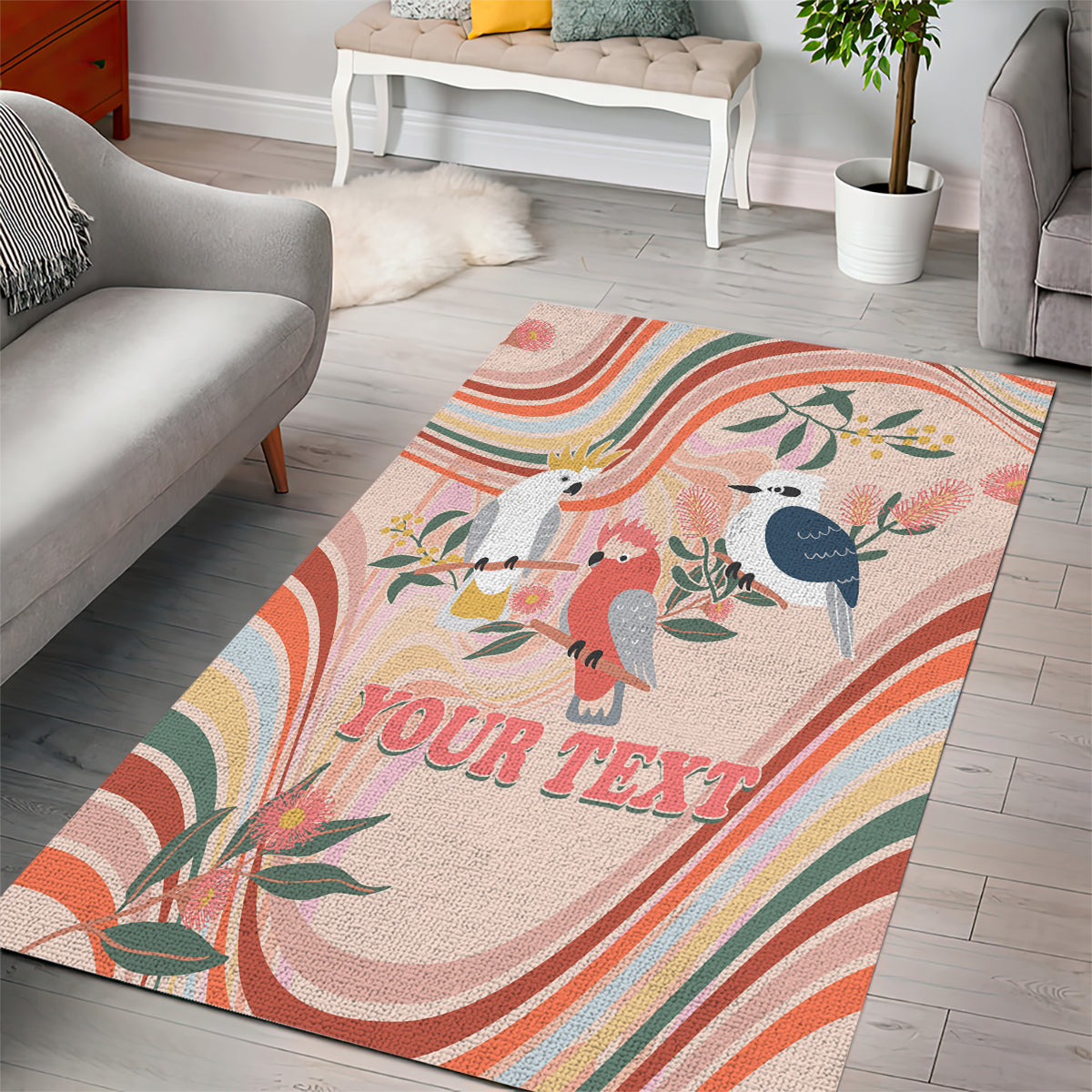 personalised-australia-hippie-christmas-area-rug-cockatoo-kookaburra-with-wattle-pink-peach-style