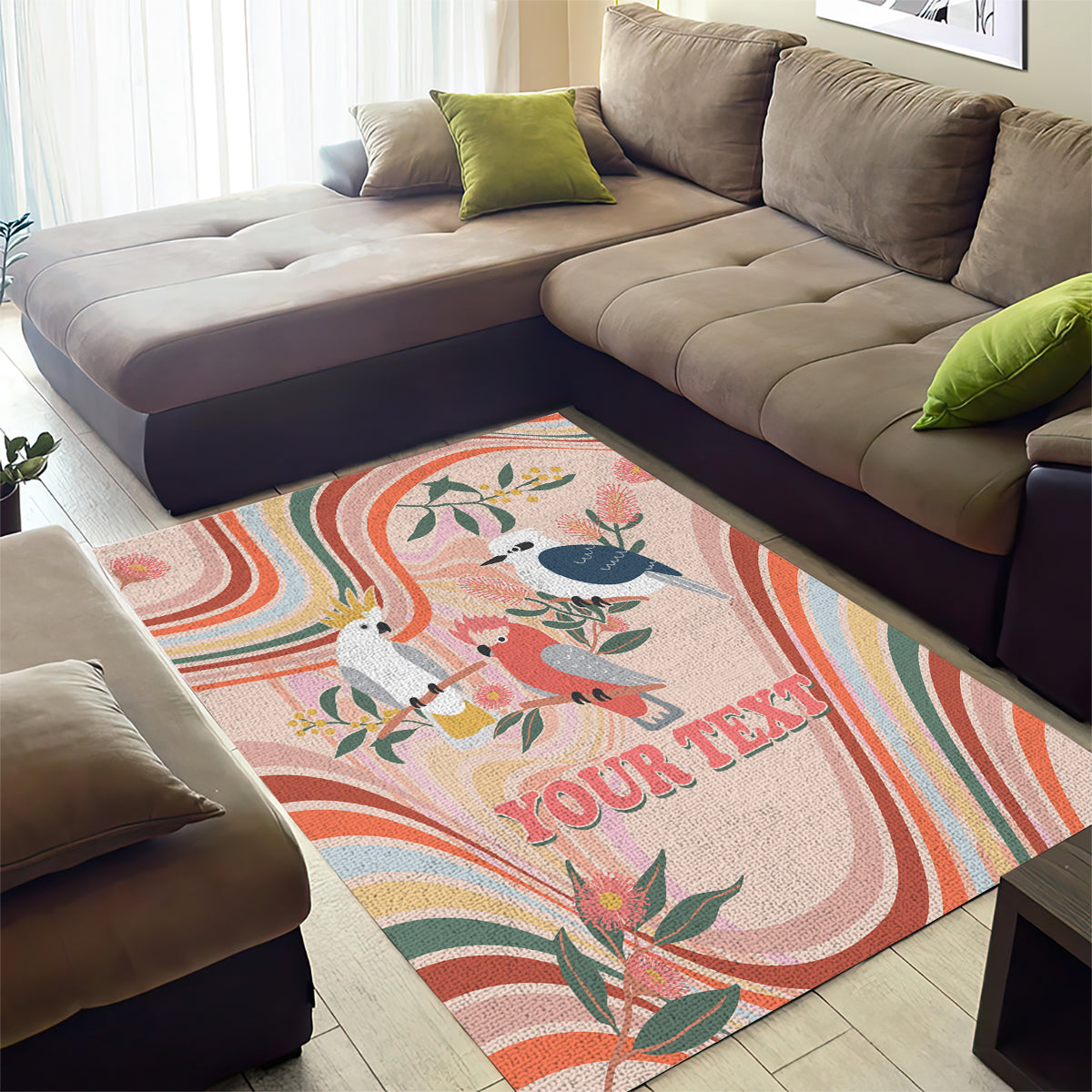 personalised-australia-hippie-christmas-area-rug-cockatoo-kookaburra-with-wattle-pink-peach-style