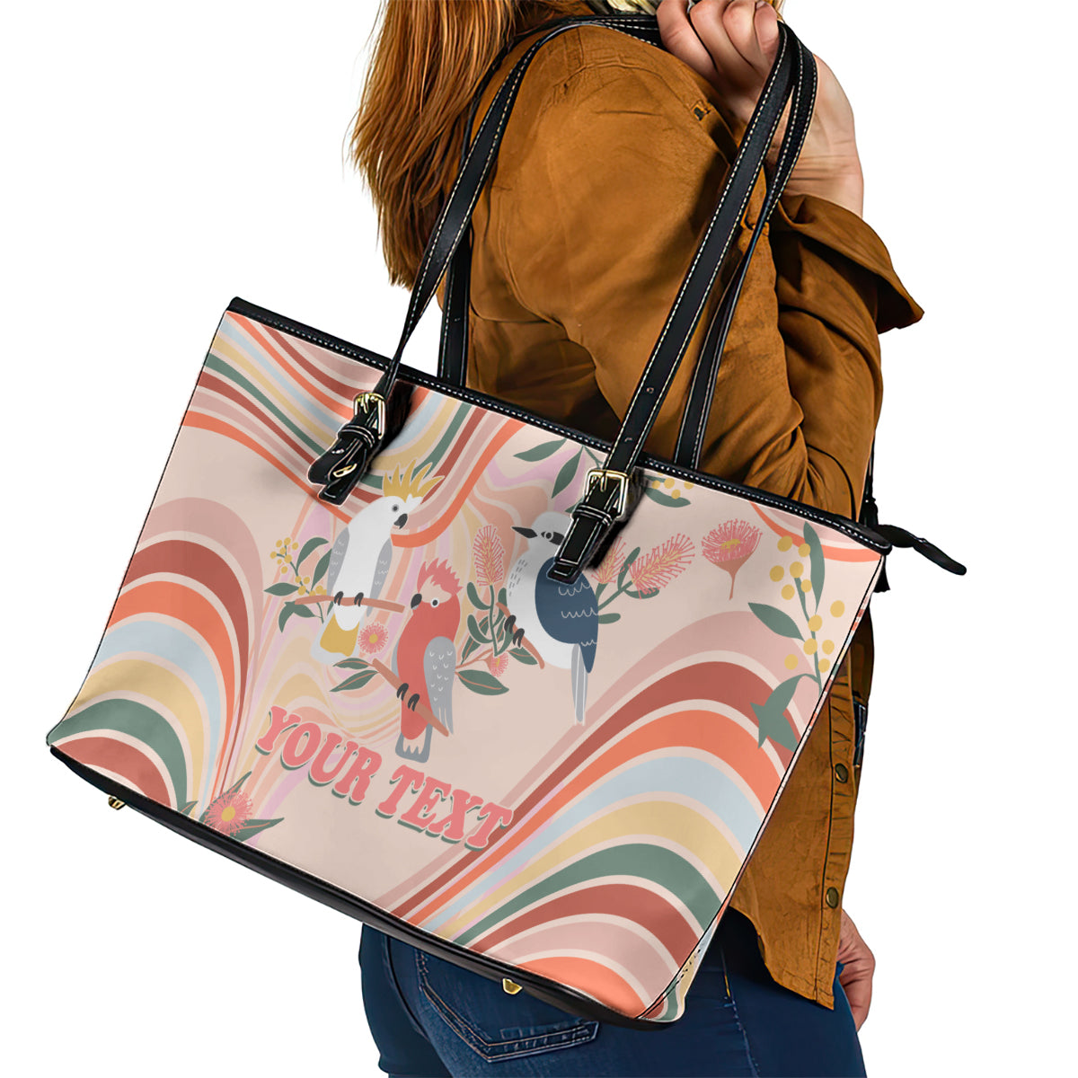 personalised-australia-hippie-christmas-leather-tote-bag-cockatoo-kookaburra-with-wattle-pink-peach-style