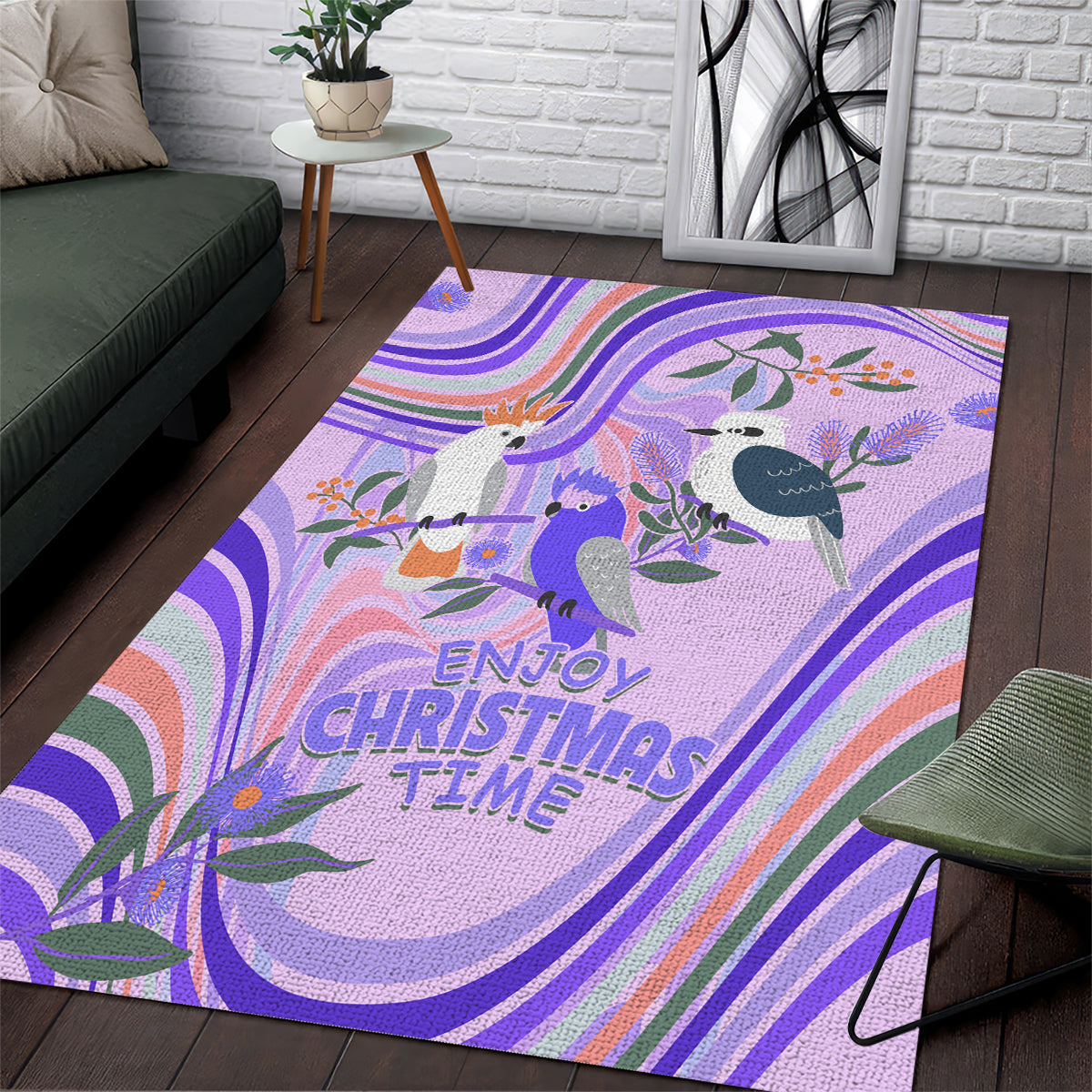 australia-hippie-christmas-area-rug-cockatoo-kookaburra-with-wattle-violet-pastel-color