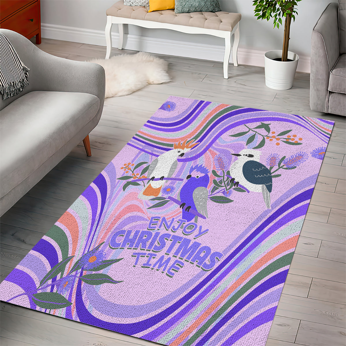 australia-hippie-christmas-area-rug-cockatoo-kookaburra-with-wattle-violet-pastel-color