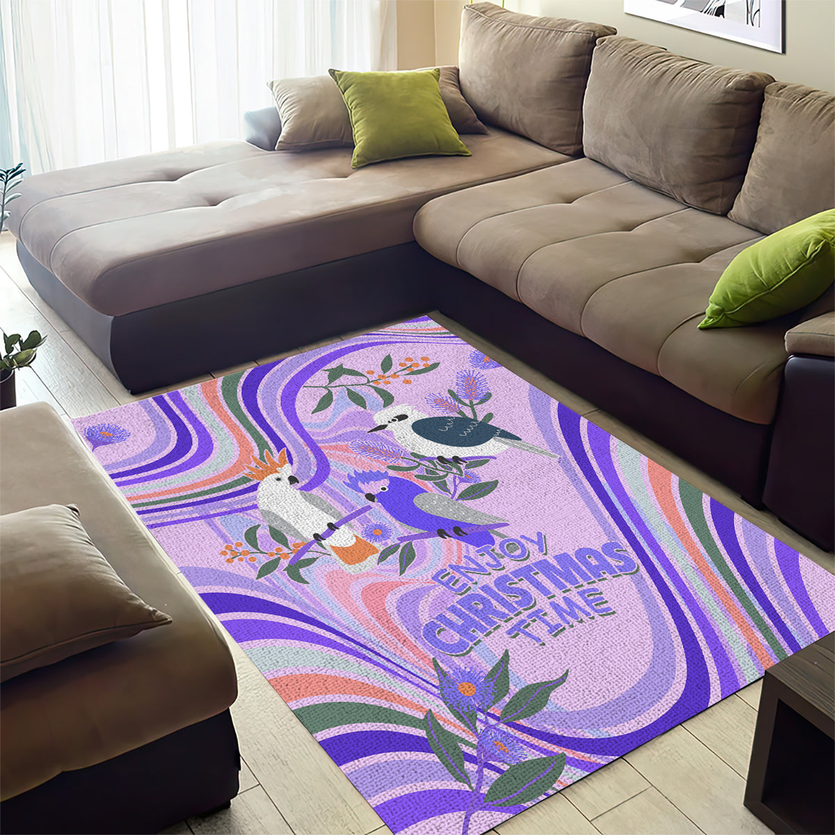 australia-hippie-christmas-area-rug-cockatoo-kookaburra-with-wattle-violet-pastel-color