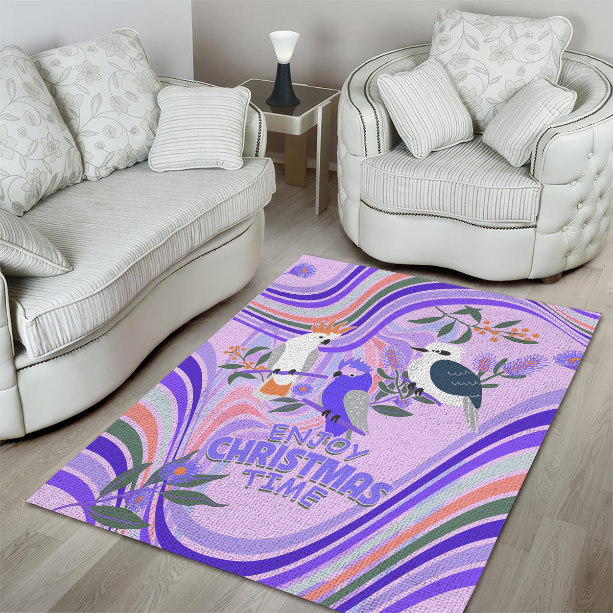 australia-hippie-christmas-area-rug-cockatoo-kookaburra-with-wattle-violet-pastel-color