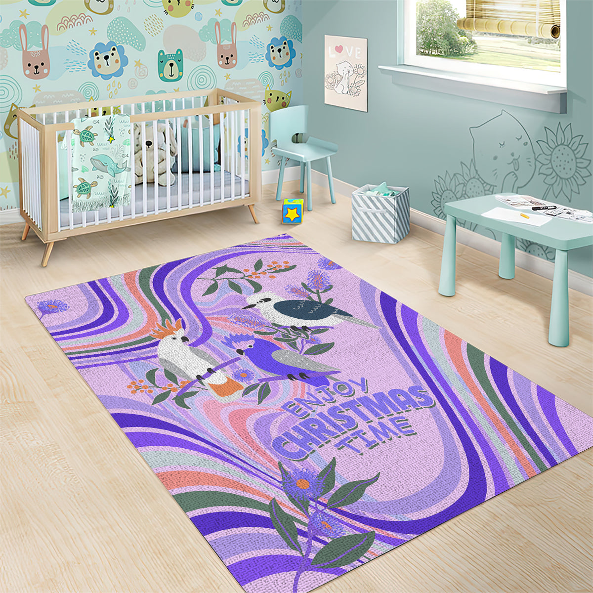 australia-hippie-christmas-area-rug-cockatoo-kookaburra-with-wattle-violet-pastel-color