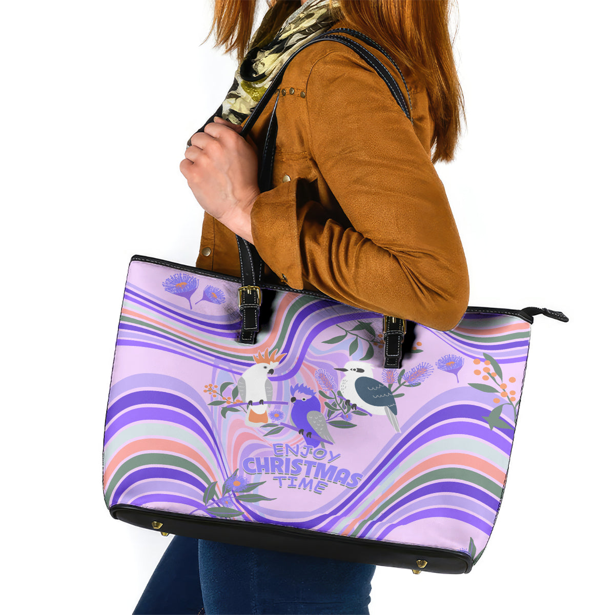 australia-hippie-christmas-leather-tote-bag-cockatoo-kookaburra-with-wattle-violet-pastel-color