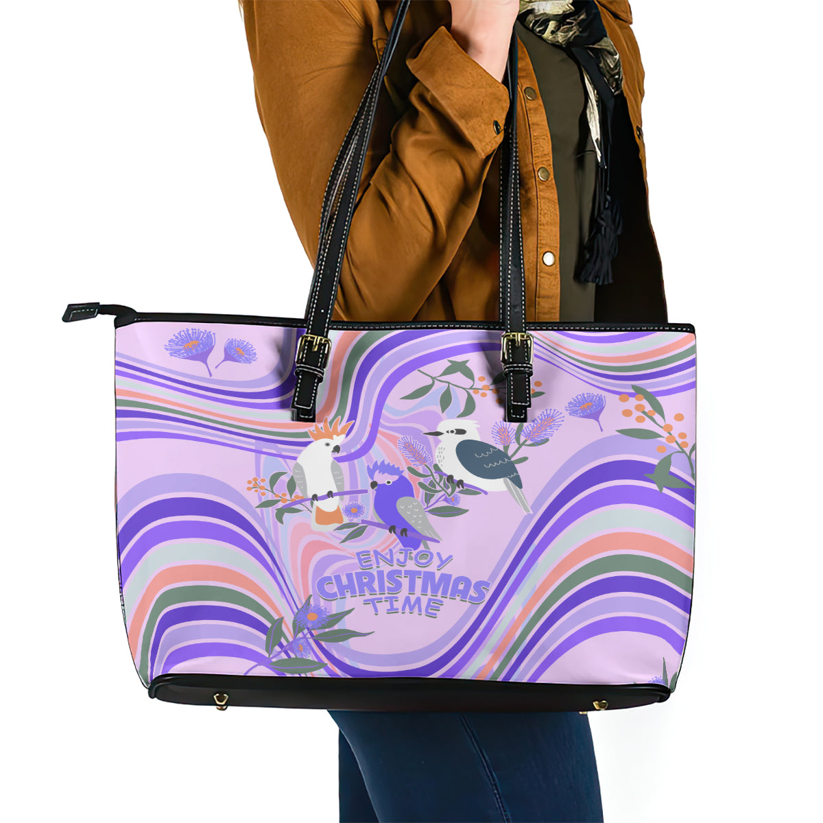 australia-hippie-christmas-leather-tote-bag-cockatoo-kookaburra-with-wattle-violet-pastel-color