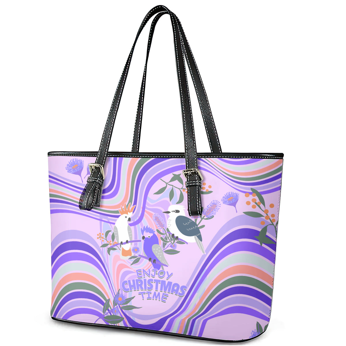 australia-hippie-christmas-leather-tote-bag-cockatoo-kookaburra-with-wattle-violet-pastel-color