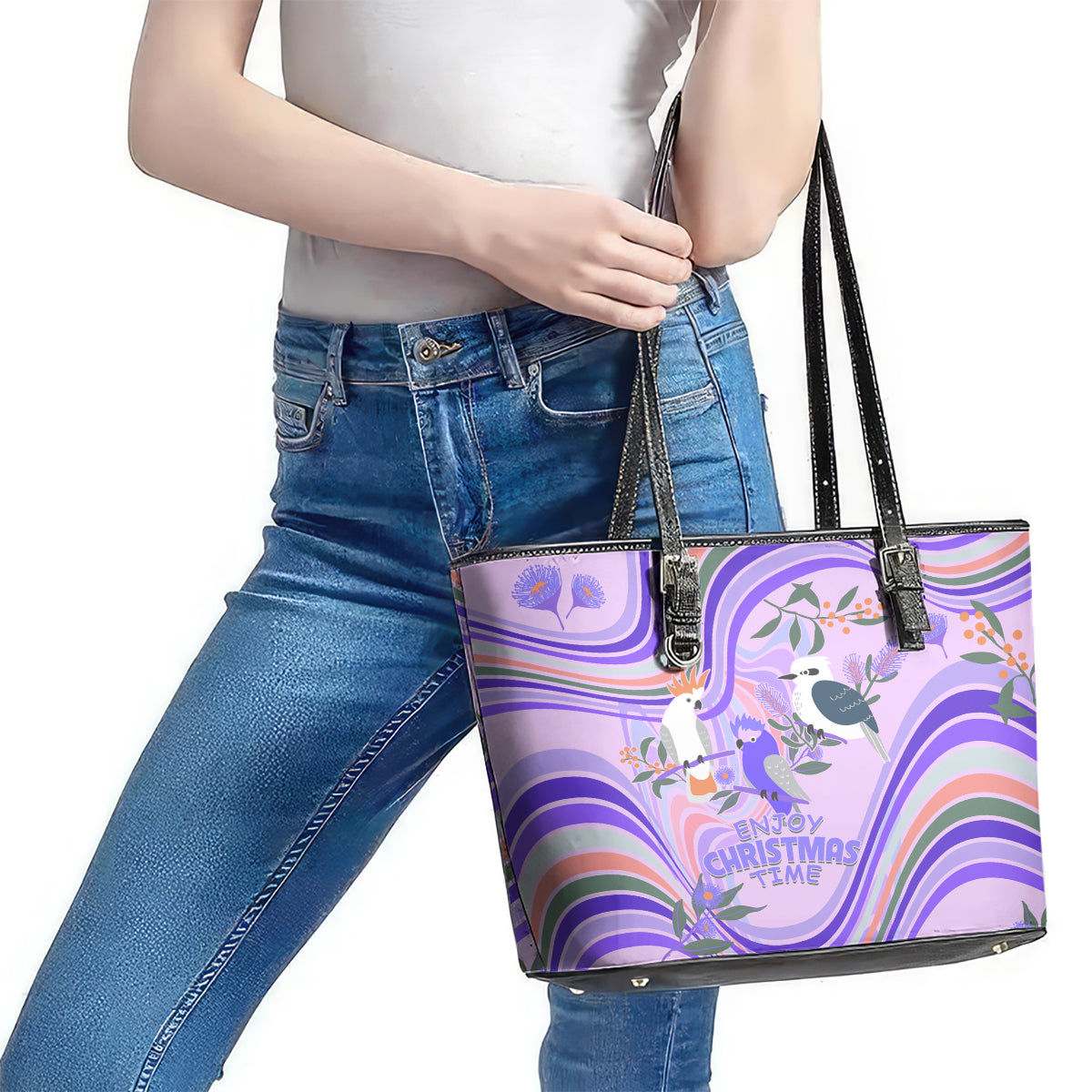 australia-hippie-christmas-leather-tote-bag-cockatoo-kookaburra-with-wattle-violet-pastel-color