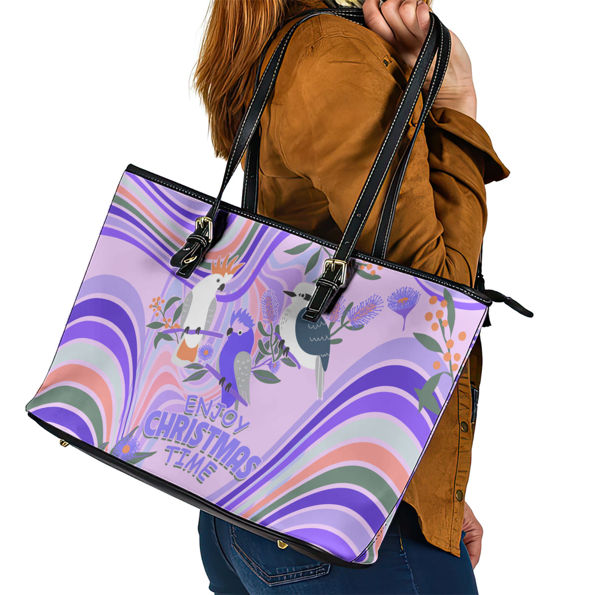 australia-hippie-christmas-leather-tote-bag-cockatoo-kookaburra-with-wattle-violet-pastel-color