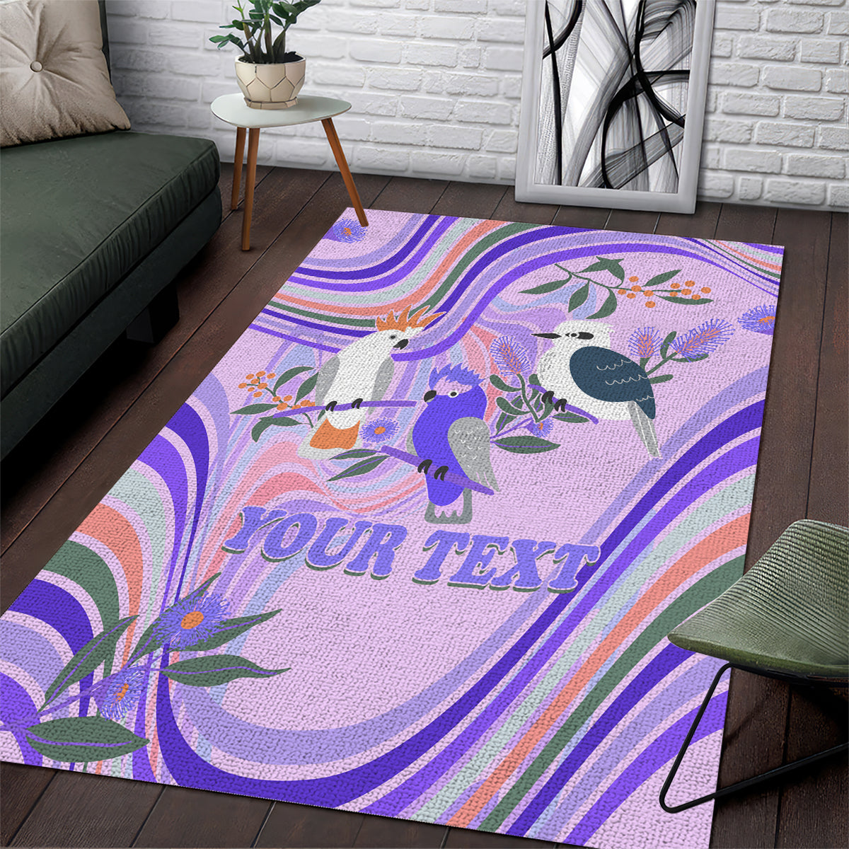 personalised-australia-hippie-christmas-area-rug-cockatoo-kookaburra-with-wattle-violet-pastel-color