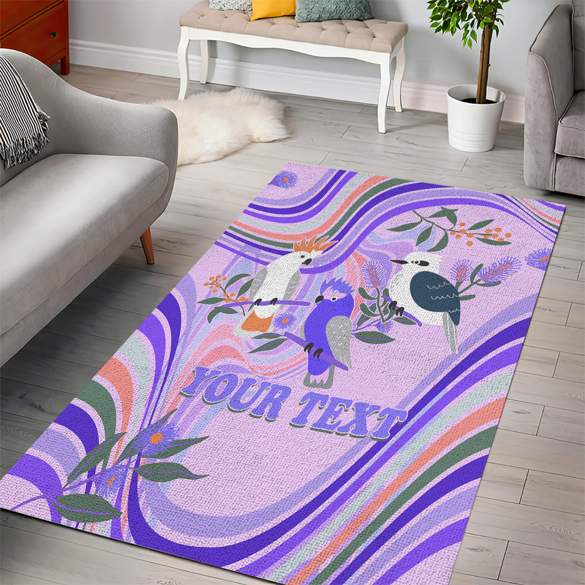 personalised-australia-hippie-christmas-area-rug-cockatoo-kookaburra-with-wattle-violet-pastel-color