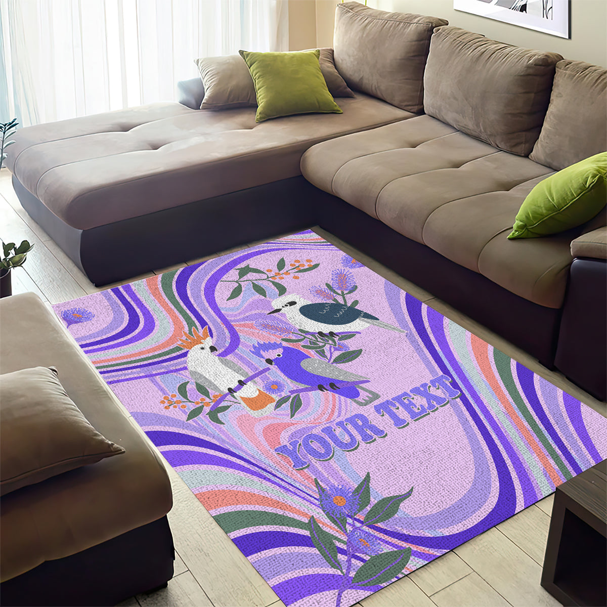 personalised-australia-hippie-christmas-area-rug-cockatoo-kookaburra-with-wattle-violet-pastel-color