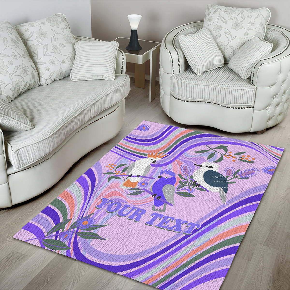 personalised-australia-hippie-christmas-area-rug-cockatoo-kookaburra-with-wattle-violet-pastel-color