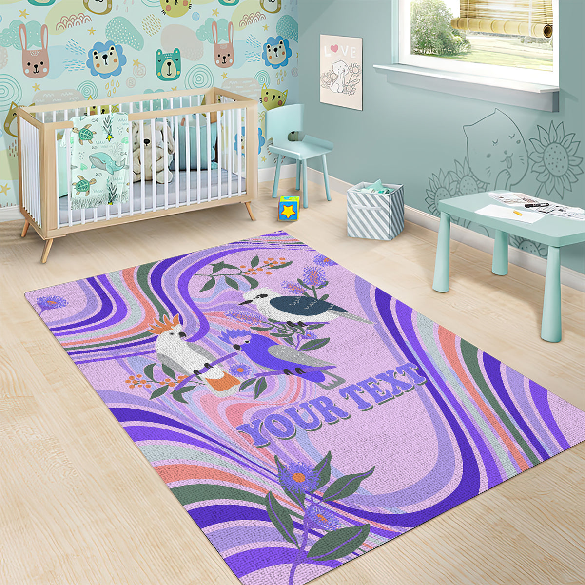 personalised-australia-hippie-christmas-area-rug-cockatoo-kookaburra-with-wattle-violet-pastel-color