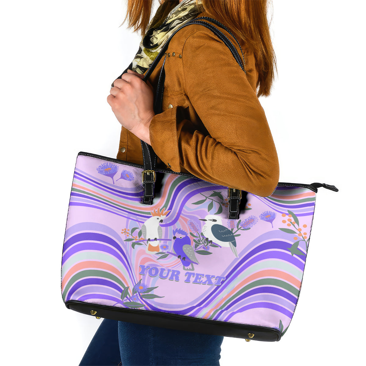 personalised-australia-hippie-christmas-leather-tote-bag-cockatoo-kookaburra-with-wattle-violet-pastel-color