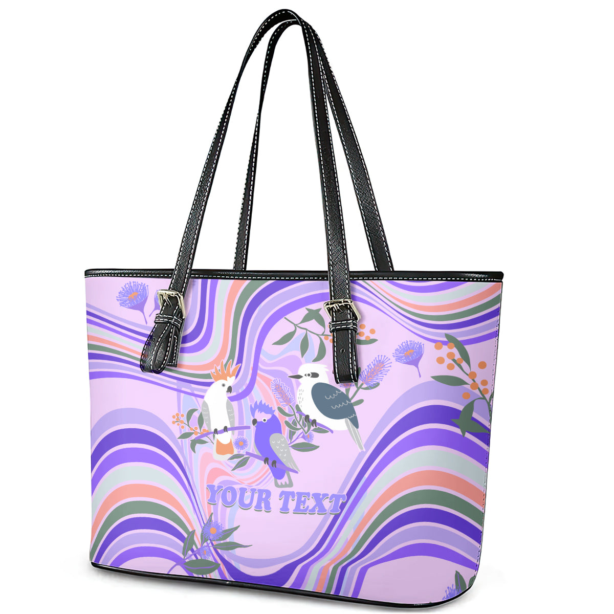 personalised-australia-hippie-christmas-leather-tote-bag-cockatoo-kookaburra-with-wattle-violet-pastel-color