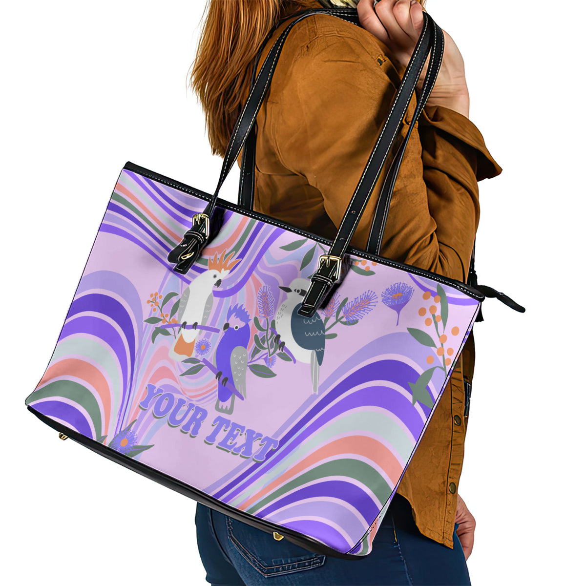 personalised-australia-hippie-christmas-leather-tote-bag-cockatoo-kookaburra-with-wattle-violet-pastel-color