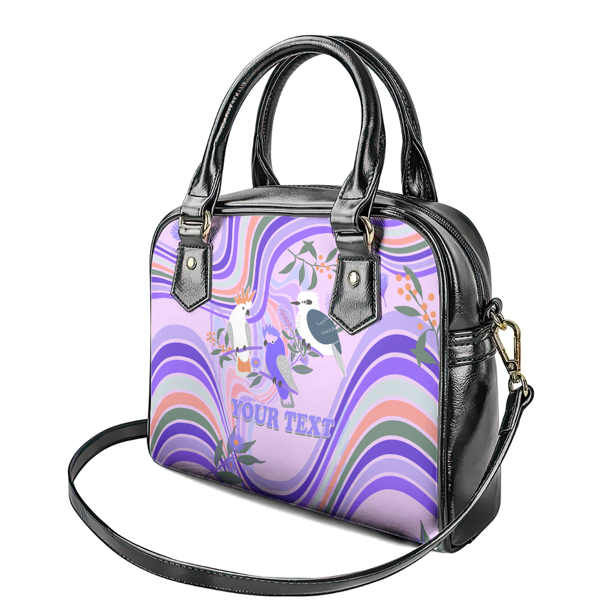 personalised-australia-hippie-christmas-shoulder-handbag-cockatoo-kookaburra-with-wattle-violet-pastel-color