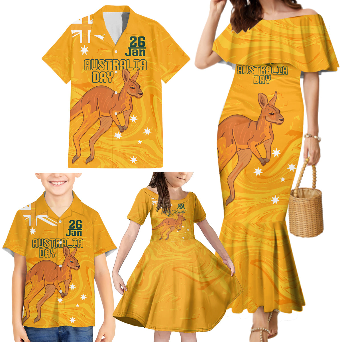 Personalised Matildas Australia Day Family Matching Mermaid Dress and Hawaiian Shirt Proud To Be Tillies Gold Version