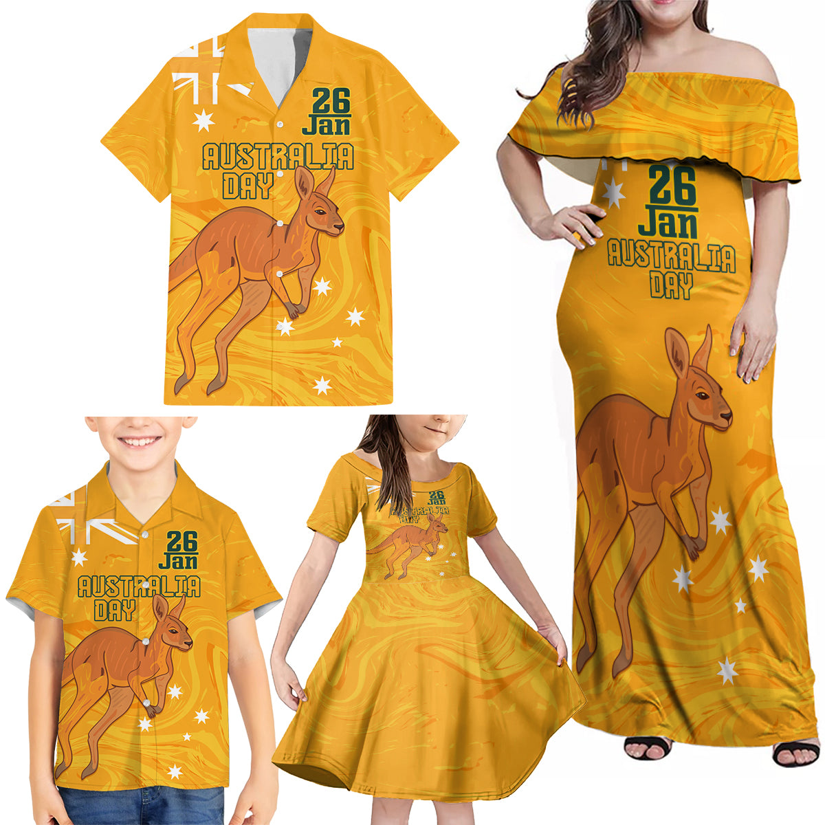 Personalised Matildas Australia Day Family Matching Off Shoulder Maxi Dress and Hawaiian Shirt Proud To Be Tillies Gold Version