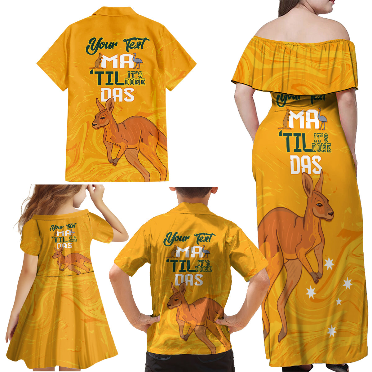 Personalised Matildas Australia Day Family Matching Off Shoulder Maxi Dress and Hawaiian Shirt Proud To Be Tillies Gold Version