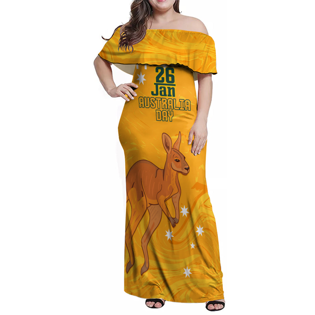 Personalised Matildas Australia Day Family Matching Off Shoulder Maxi Dress and Hawaiian Shirt Proud To Be Tillies Gold Version