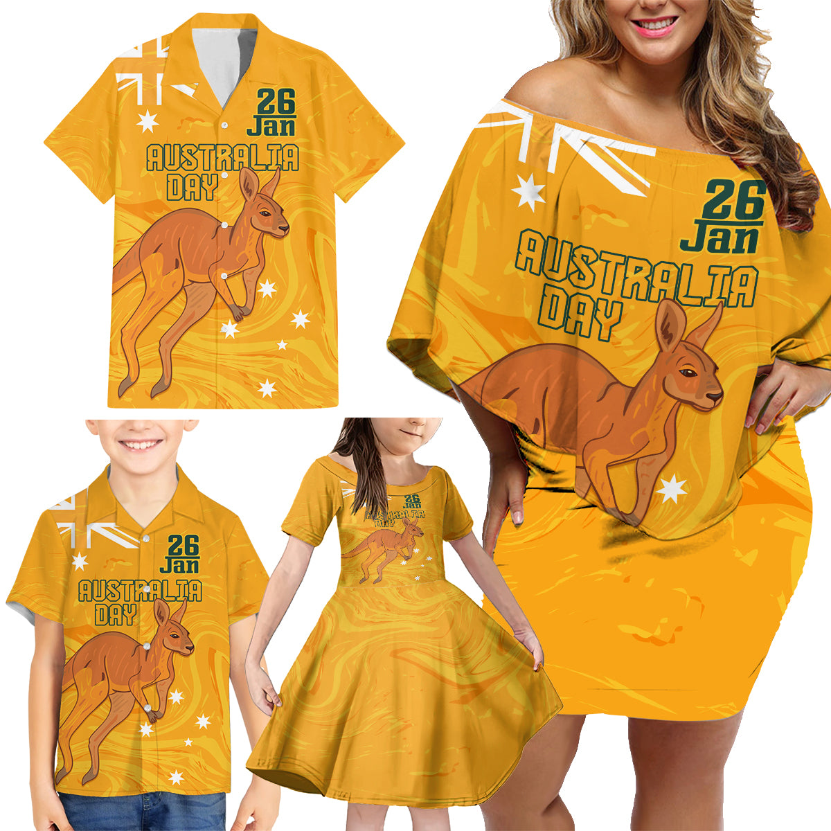 Personalised Matildas Australia Day Family Matching Off Shoulder Short Dress and Hawaiian Shirt Proud To Be Tillies Gold Version