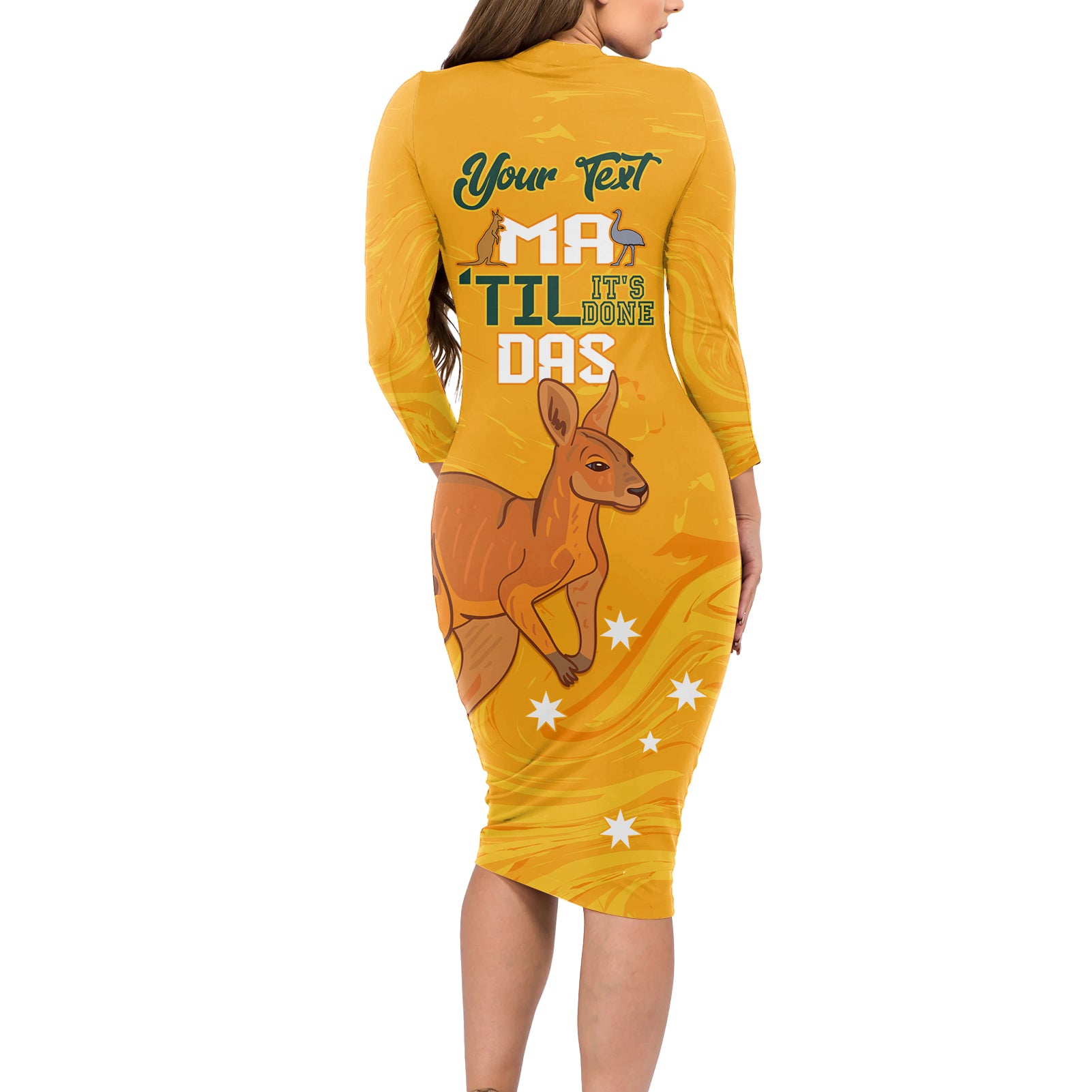 Personalised Matildas Australia Day Long Sleeve Bodycon Dress Proud To Be Tillies Gold Version