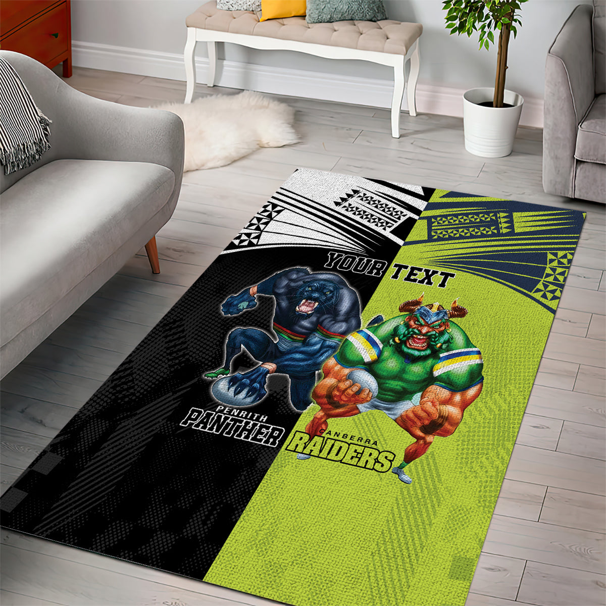 Custom Raiders and Panthers Area Rug Together Sporty Style