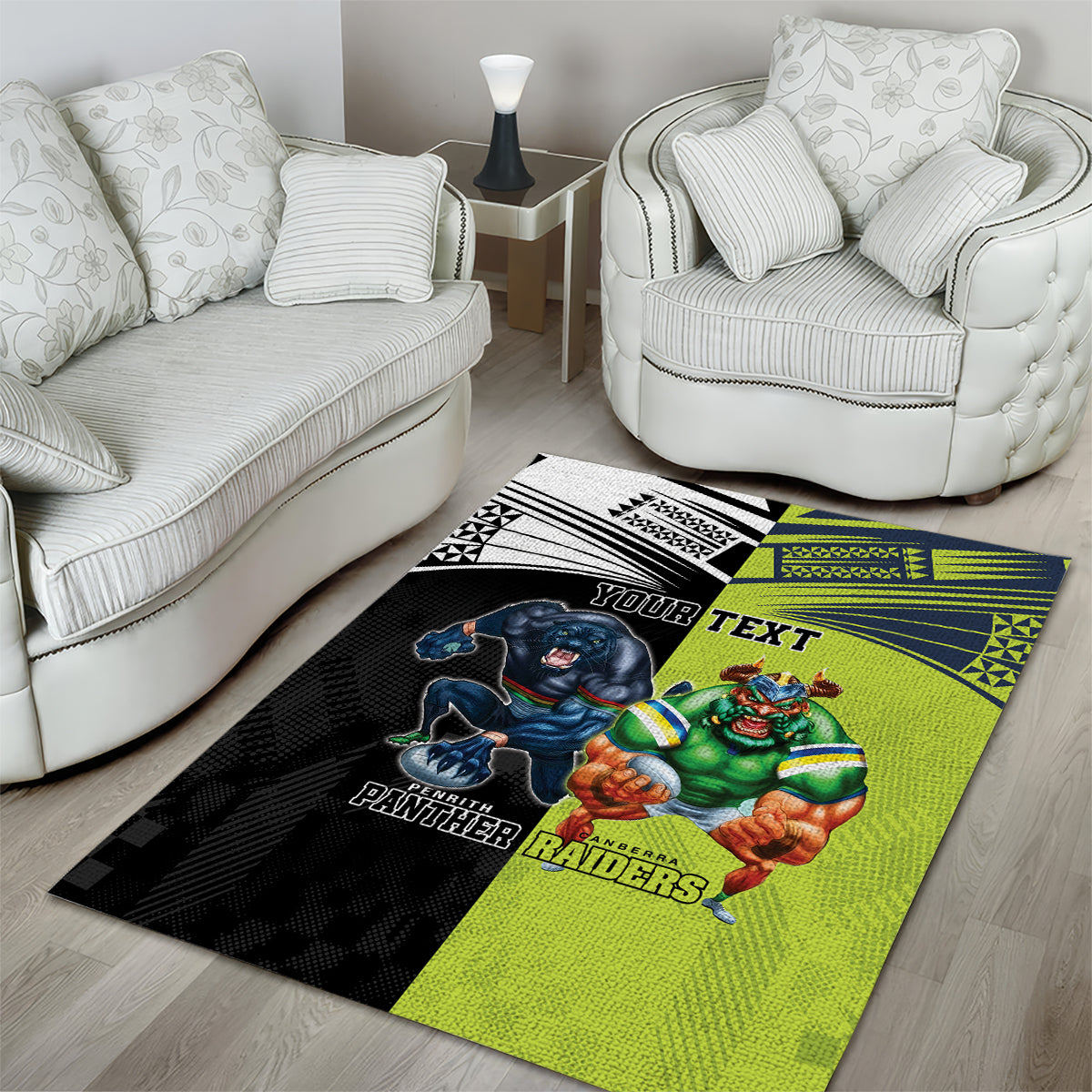 Custom Raiders and Panthers Area Rug Together Sporty Style