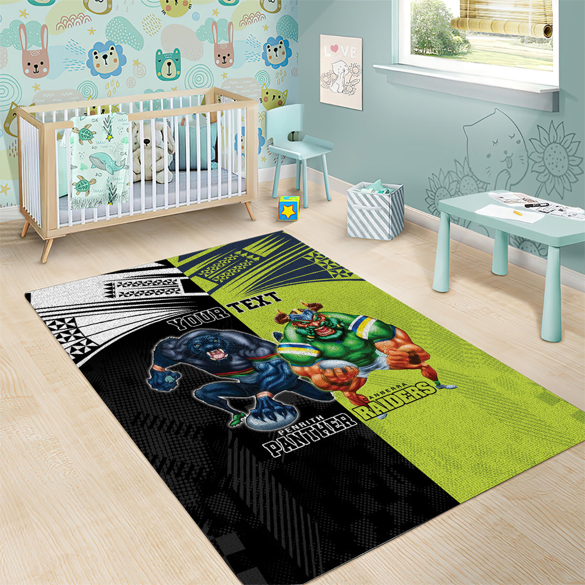 Custom Raiders and Panthers Area Rug Together Sporty Style