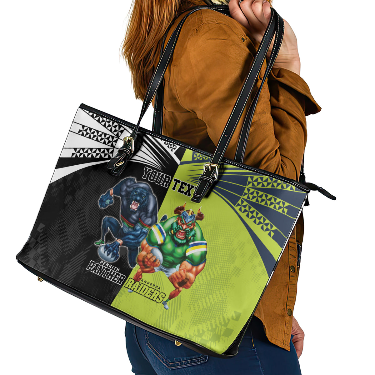 Custom Raiders and Panthers Leather Tote Bag Together Sporty Style