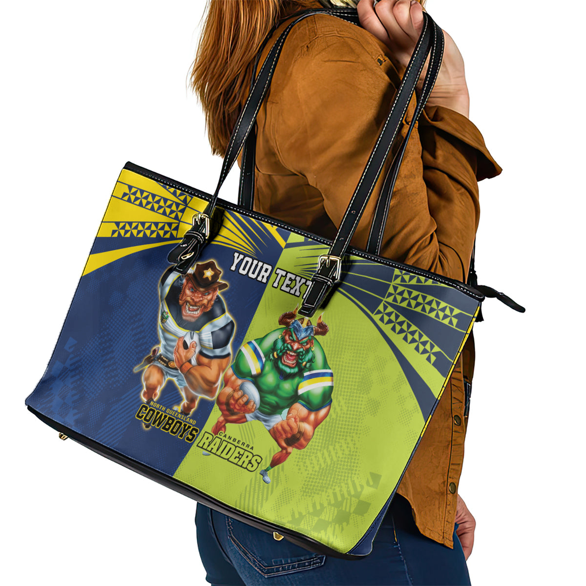 Custom Raiders and Cowboys Leather Tote Bag Together Sporty Style