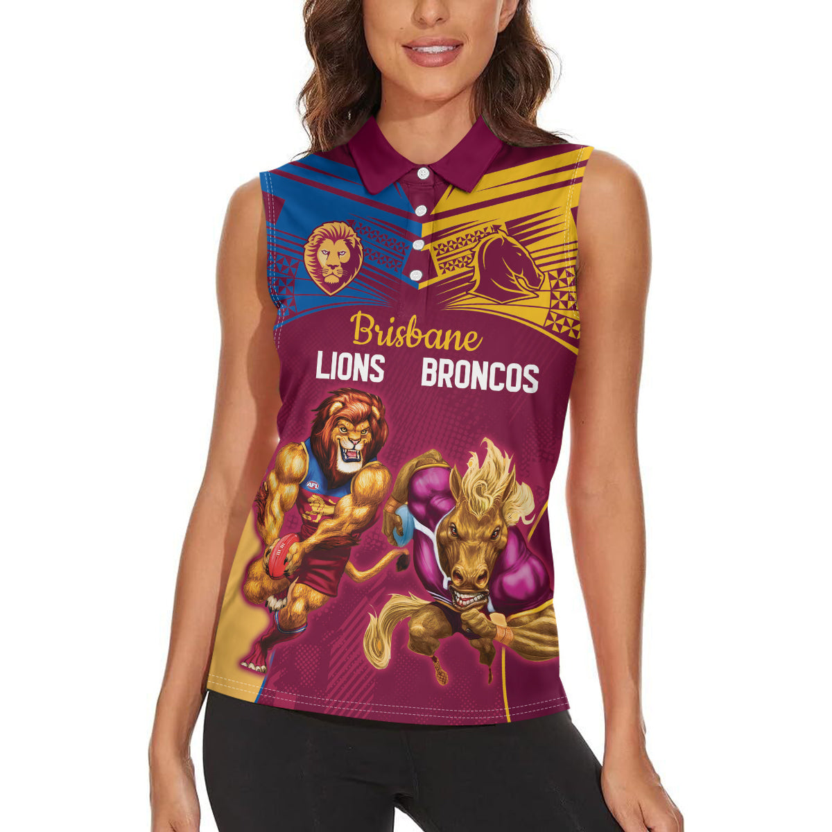 Custom Brisbane Broncos and Lions Women Sleeveless Polo Shirt Together Sporty Style