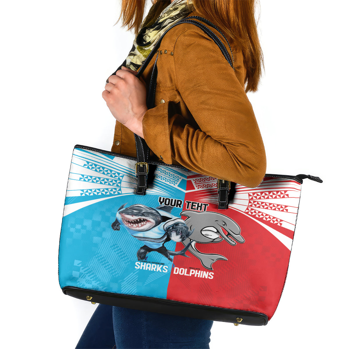 Custom Dolphins and Shark Leather Tote Bag Together Sporty Style