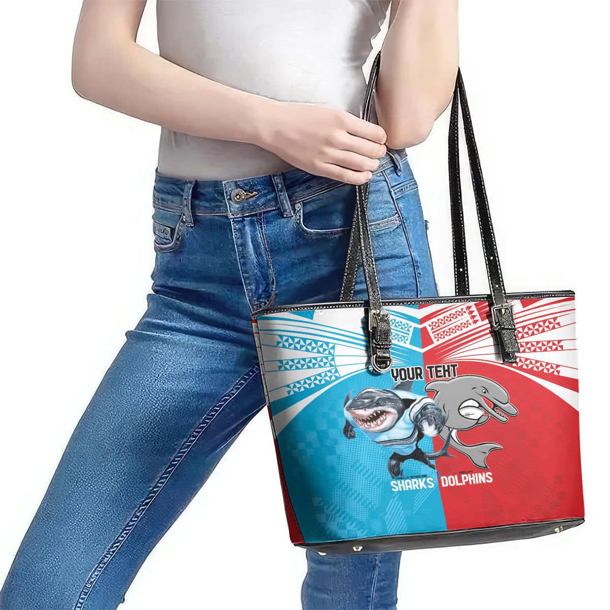 Custom Dolphins and Shark Leather Tote Bag Together Sporty Style