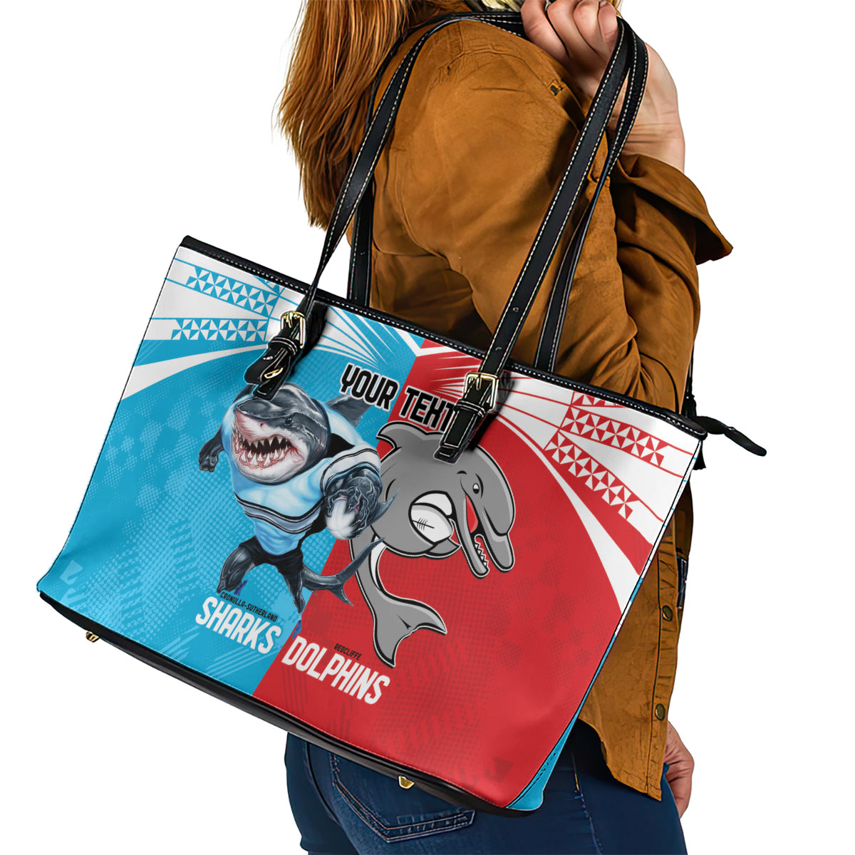 Custom Dolphins and Shark Leather Tote Bag Together Sporty Style