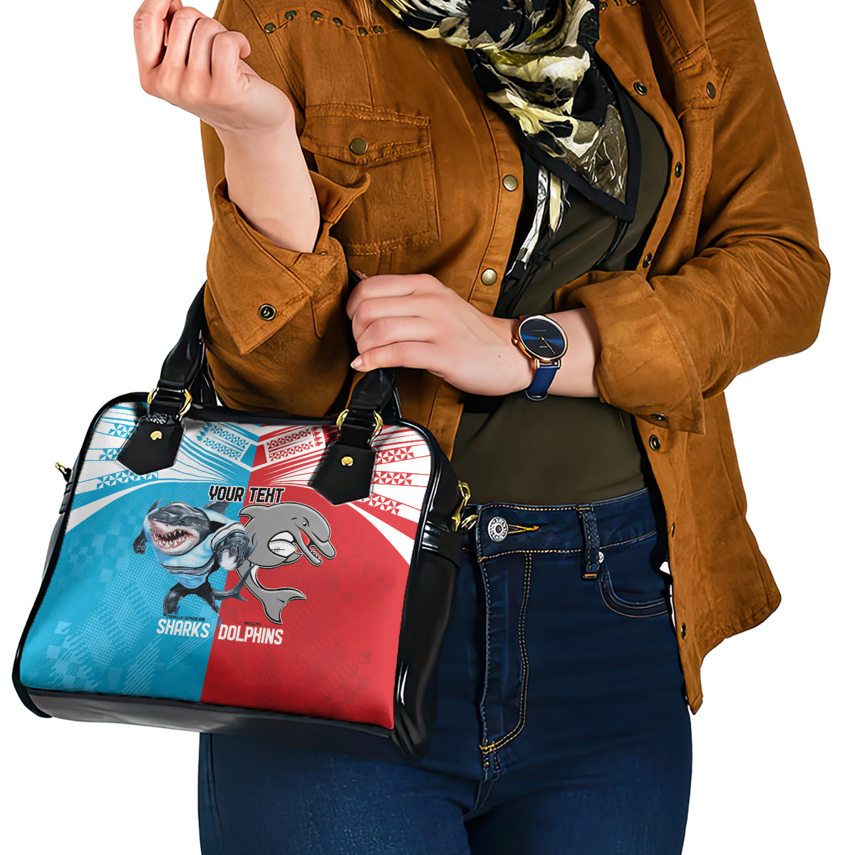 Custom Dolphins and Shark Shoulder Handbag Together Sporty Style