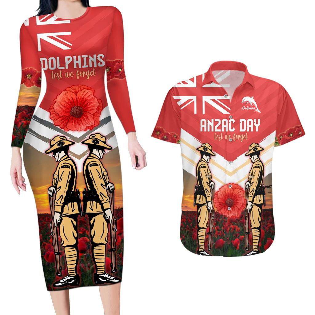 Custom Dolphins Rugby ANZAC Day Couples Matching Long Sleeve Bodycon Dress and Hawaiian Shirt Soldiers Poppy Field 2024