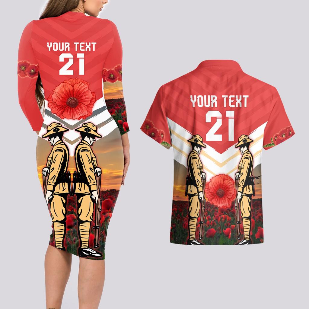 Custom Dolphins Rugby ANZAC Day Couples Matching Long Sleeve Bodycon Dress and Hawaiian Shirt Soldiers Poppy Field 2024