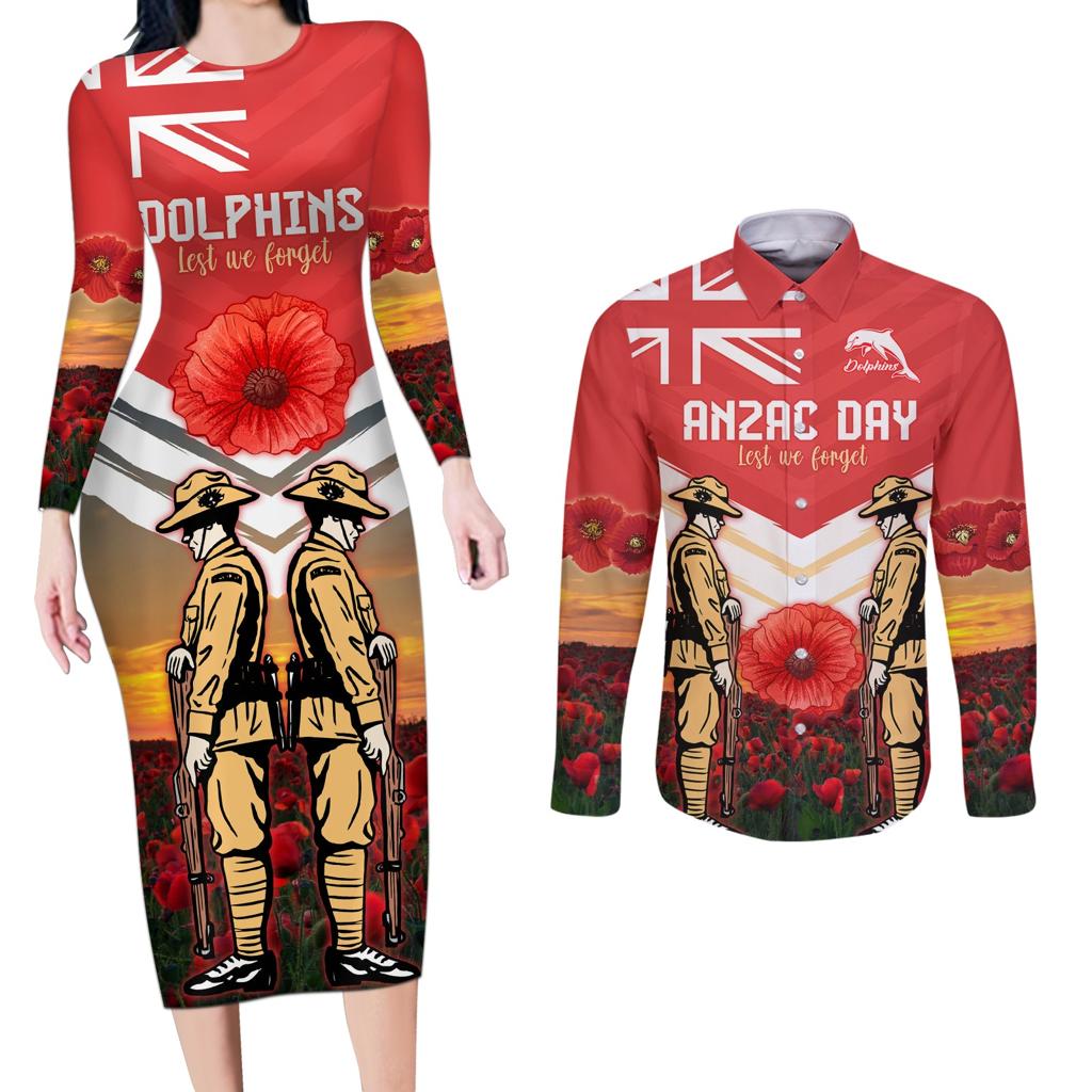 Custom Dolphins Rugby ANZAC Day Couples Matching Long Sleeve Bodycon Dress and Long Sleeve Button Shirt Soldiers Poppy Field 2024