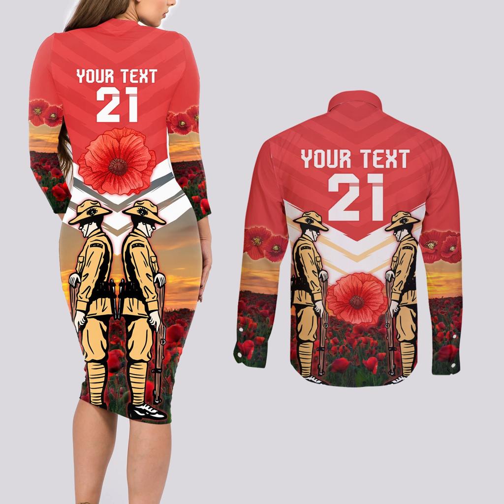 Custom Dolphins Rugby ANZAC Day Couples Matching Long Sleeve Bodycon Dress and Long Sleeve Button Shirt Soldiers Poppy Field 2024