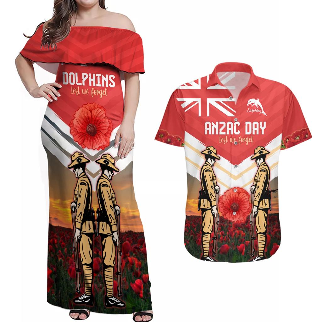 Custom Dolphins Rugby ANZAC Day Couples Matching Off Shoulder Maxi Dress and Hawaiian Shirt Soldiers Poppy Field 2024