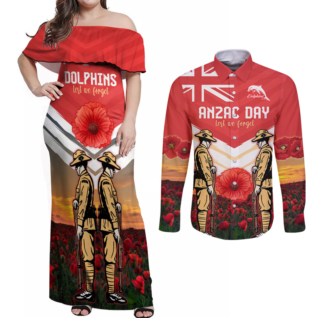 Custom Dolphins Rugby ANZAC Day Couples Matching Off Shoulder Maxi Dress and Long Sleeve Button Shirt Soldiers Poppy Field 2024