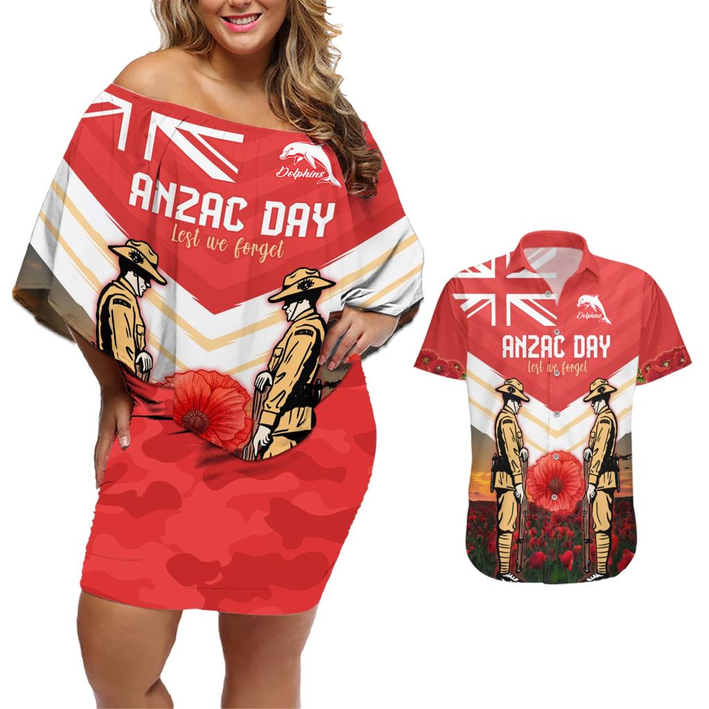 Custom Dolphins Rugby ANZAC Day Couples Matching Off Shoulder Short Dress and Hawaiian Shirt Soldiers Poppy Field 2024