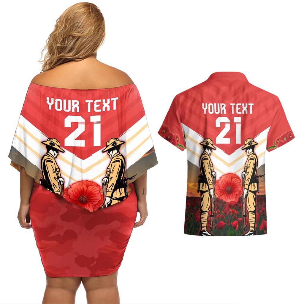 Custom Dolphins Rugby ANZAC Day Couples Matching Off Shoulder Short Dress and Hawaiian Shirt Soldiers Poppy Field 2024