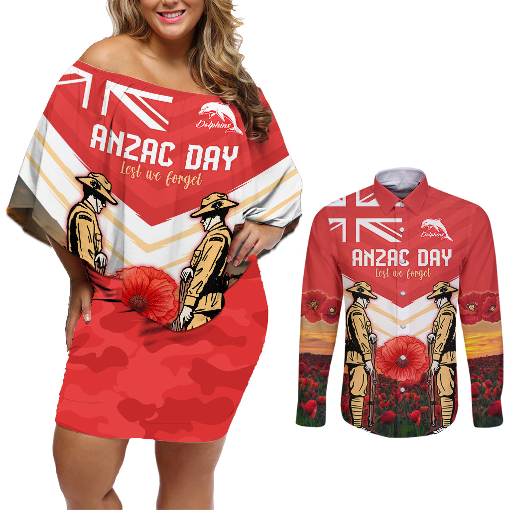 Custom Dolphins Rugby ANZAC Day Couples Matching Off Shoulder Short Dress and Long Sleeve Button Shirt Soldiers Poppy Field 2024