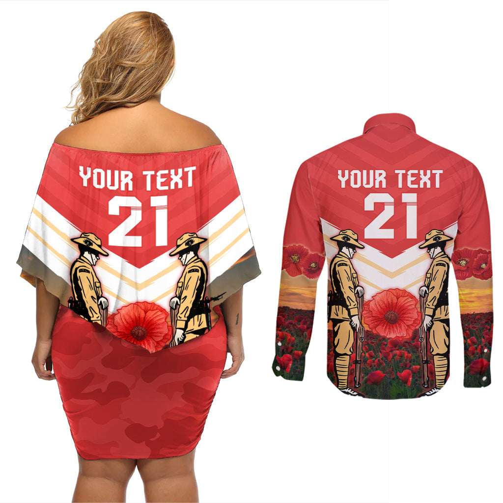 Custom Dolphins Rugby ANZAC Day Couples Matching Off Shoulder Short Dress and Long Sleeve Button Shirt Soldiers Poppy Field 2024